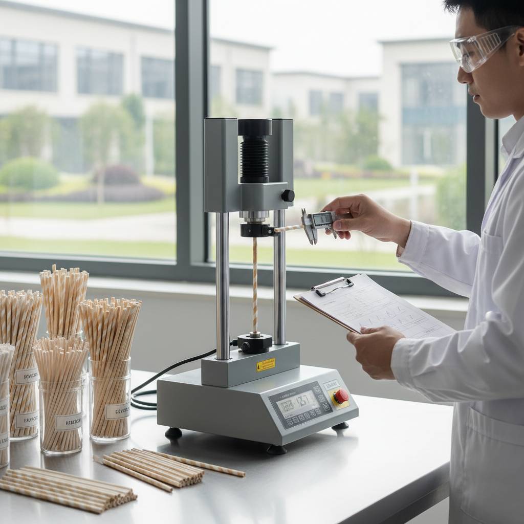Close-up of a paper straw being measured with calipers for a dimensional check.