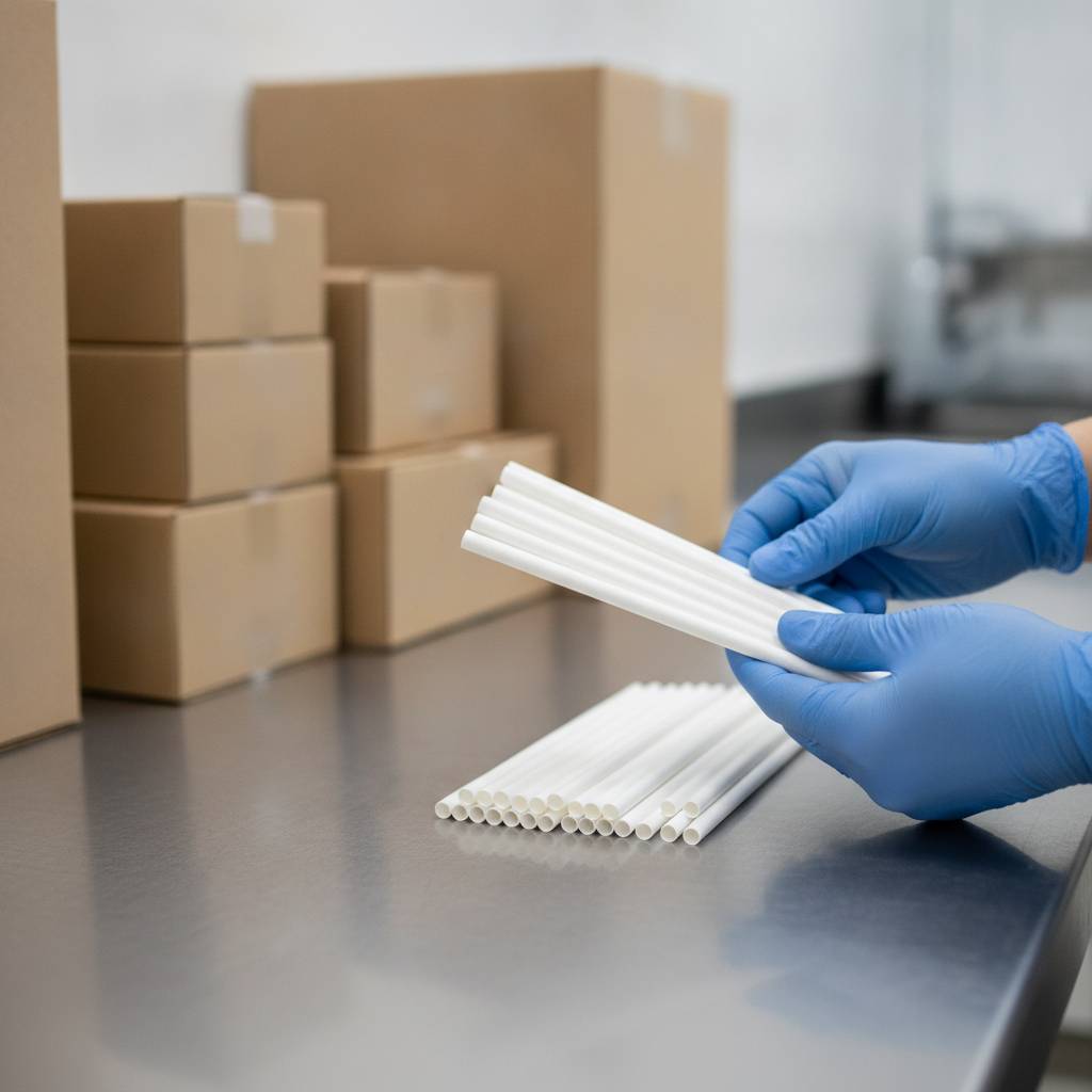 A factory worker inspecting finished paper straws before they are packed into cartons.