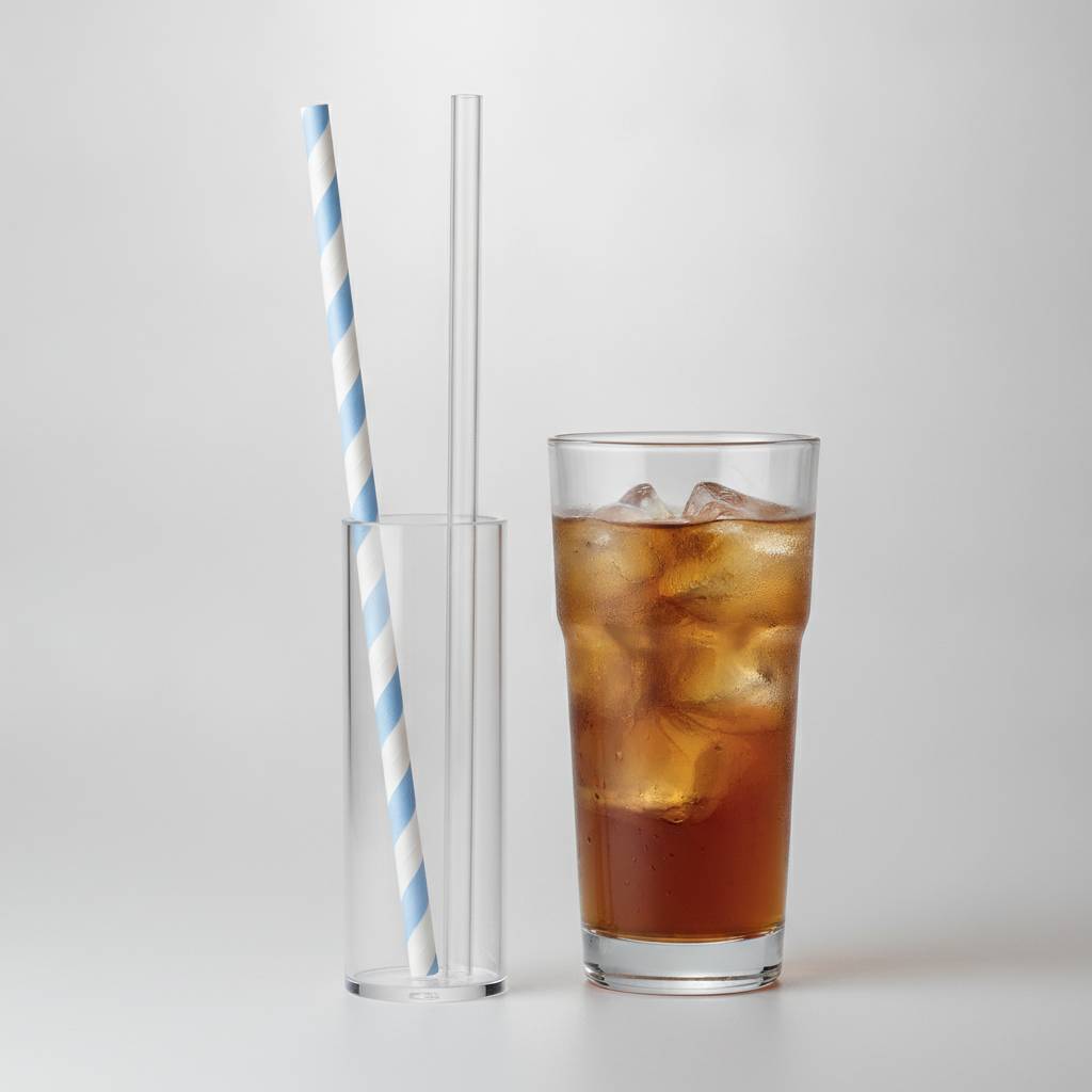 A side-by-side comparison of a paper straw and a PLA straw next to a cold drink