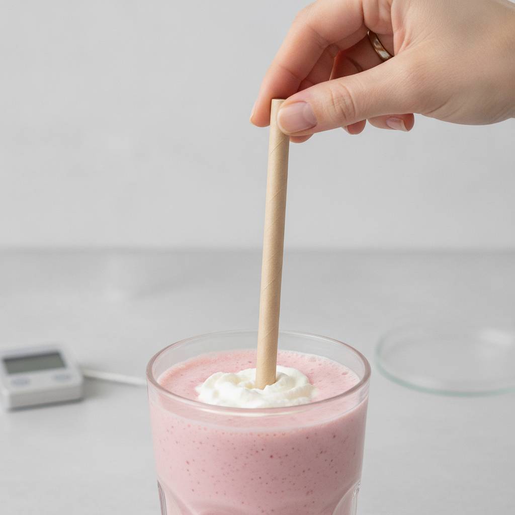 A person testing a paper straw in a thick milkshake after 30 minutes