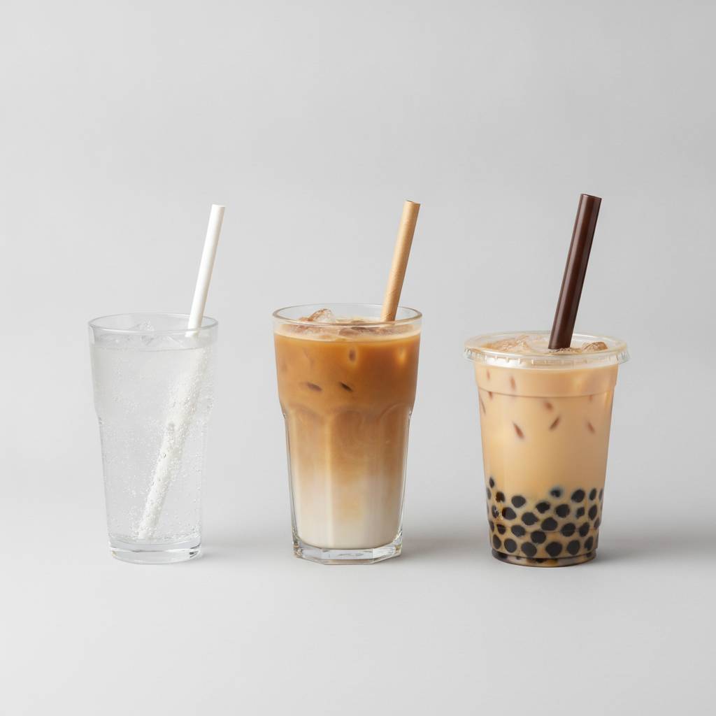 A collage of different drinks like a soda, an iced coffee, and a bubble tea, showing the need for different straw sizes.