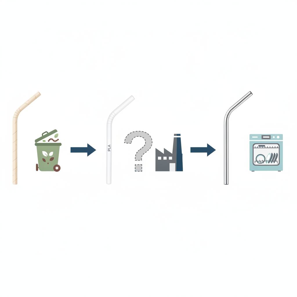 A simple graphic showing a paper straw going to a compost bin, a PLA straw with a question mark pointing to a factory, and a metal straw in a washing machine.