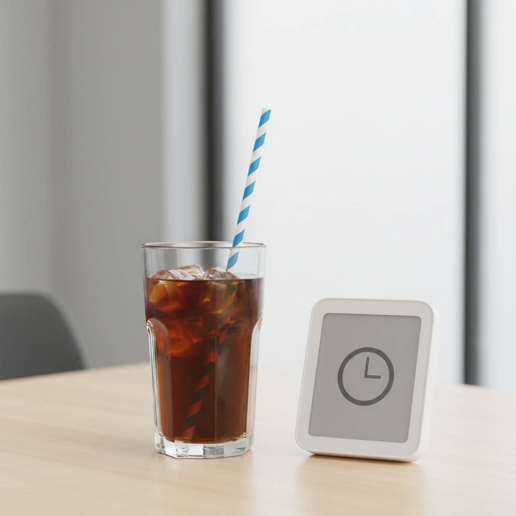 A person testing a paper straw in a milkshake next to a timer showing 30 minutes.