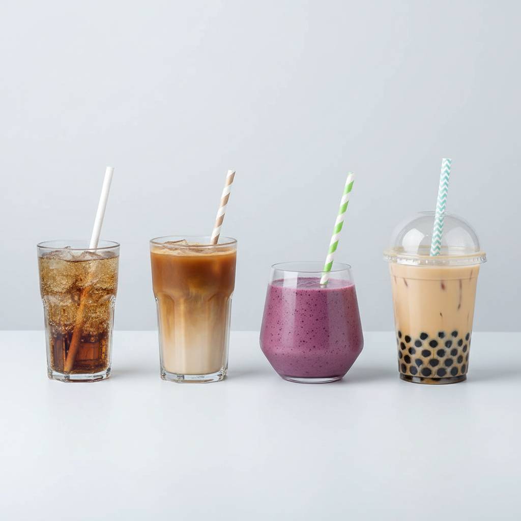 A diagram showing different paper straw diameters next to different types of drinks like soda, a smoothie, and bubble tea.