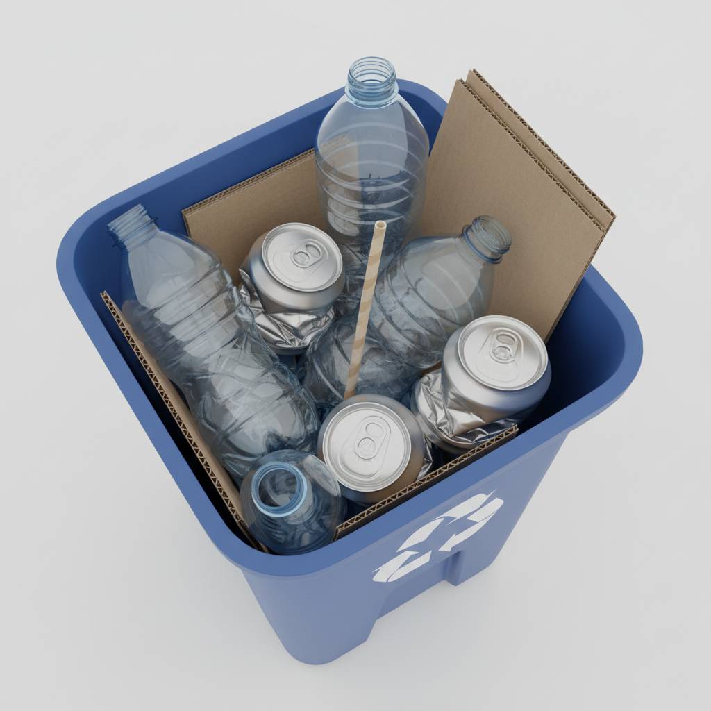 A paper straw in a recycling bin filled with plastic bottles and paper, illustrating the sorting challenge.