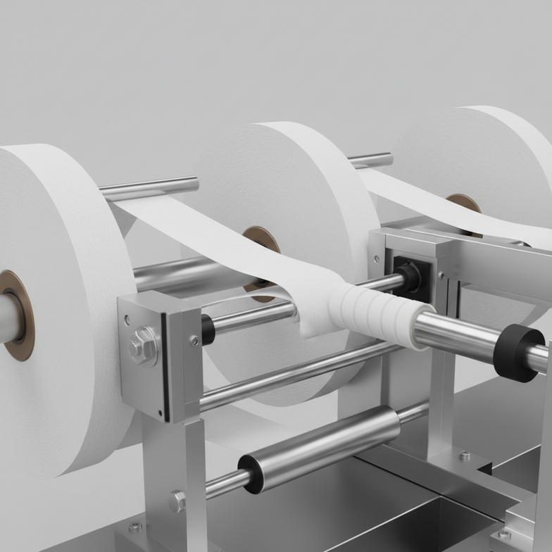 A detailed shot of paper layers being wound into a paper straw on a machine.