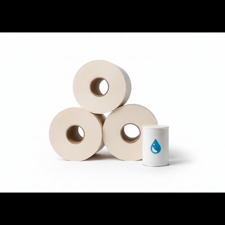 A close-up of different paper rolls and a container of food-grade glue.