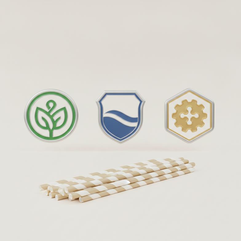 Logos of BPI Certified, CMA Certified, and TÜV AUSTRIA OK compost for validating compostable paper straws