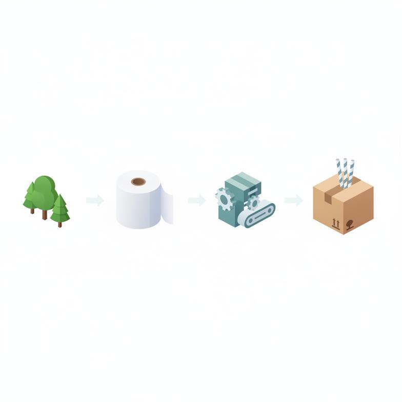 A diagram showing the supply chain for truly compostable paper straws, from an FSC-certified forest to the paper mill and then the straw manufacturer