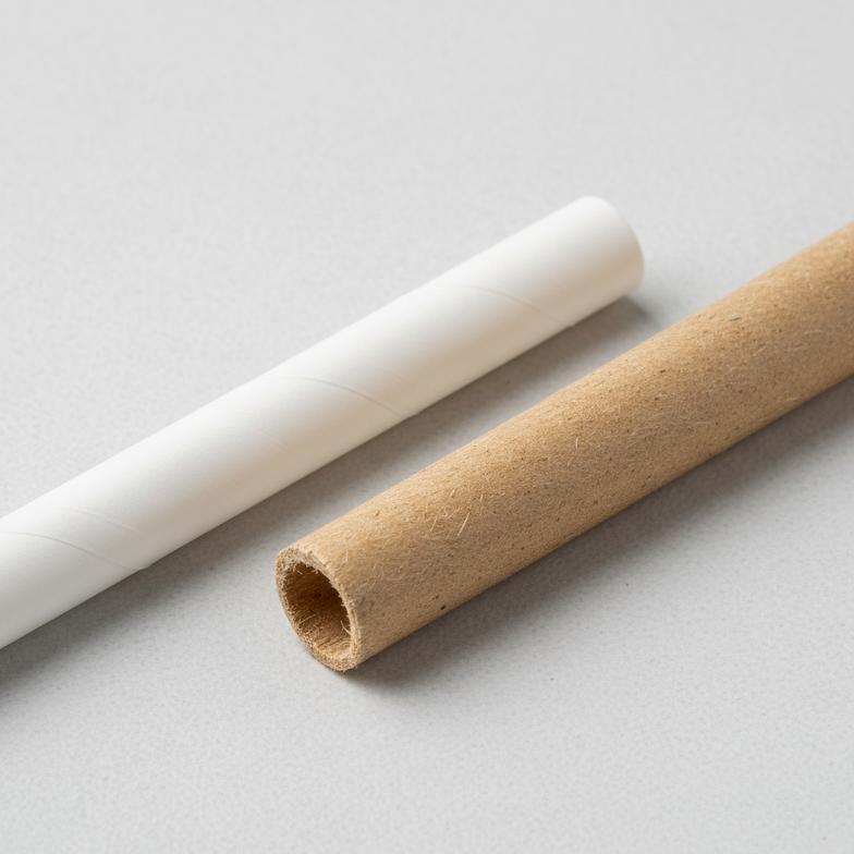 A side-by-side comparison of a paper straw and a bagasse straw