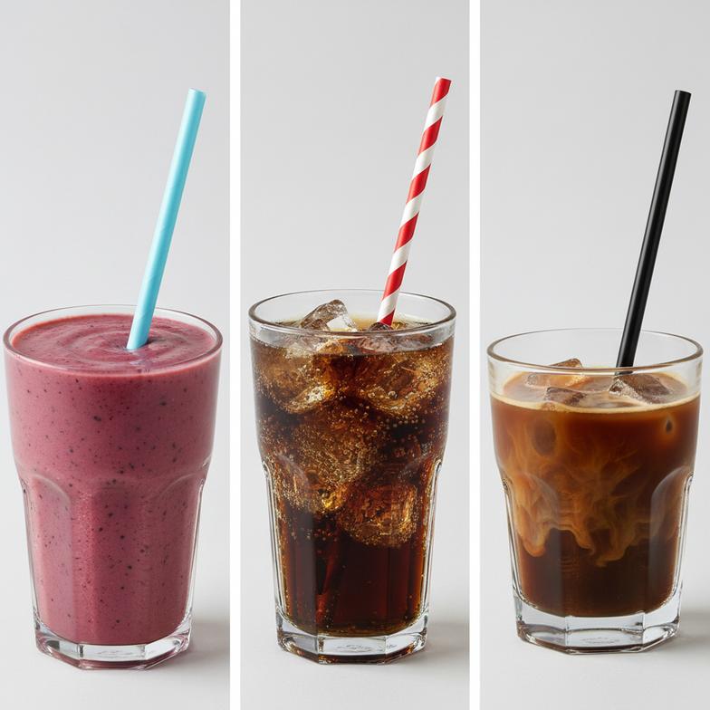 Different drinks like smoothies, sodas, and hot coffee with straws in them