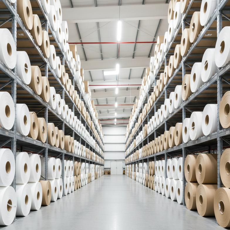 Warehouse filled with boxes of raw paper rolls for making straws