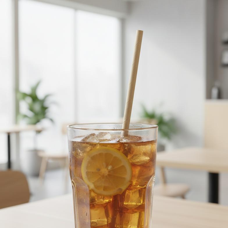 A customer happily drinking from a paper straw in a cafe