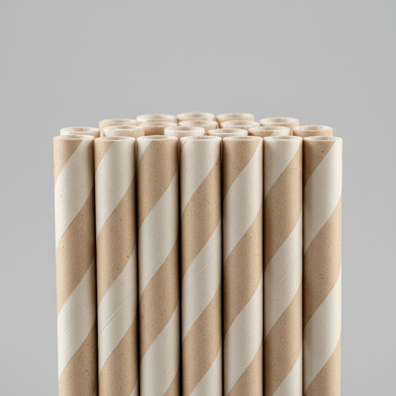 A close-up of biodegradable paper straws showing their texture and materials.