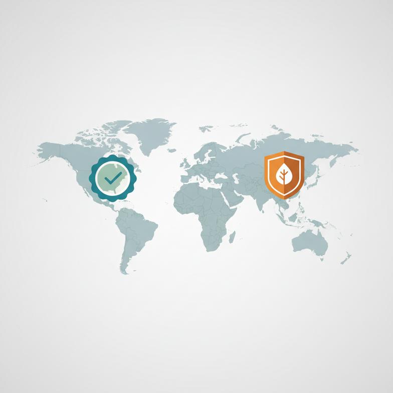 A map of the world with different certification logos placed over various regions.