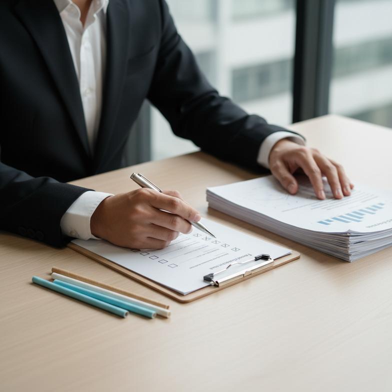 A person's hand holding and reviewing an official-looking document with a seal.