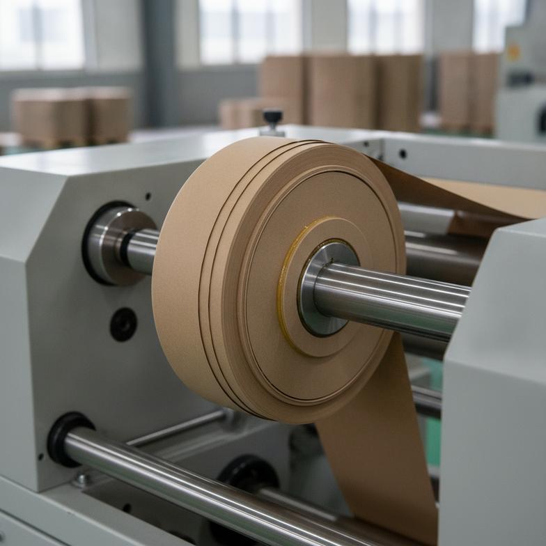 Close-up of a machine winding kraft paper into a continuous firework paper tube, showing the layers of paper and glue.