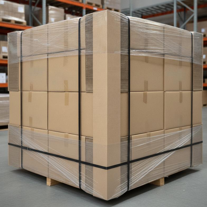 Heavy-duty cardboard boxes containing firework paper tubes, sealed with moisture-resistant tape and strapped to a wooden pallet.