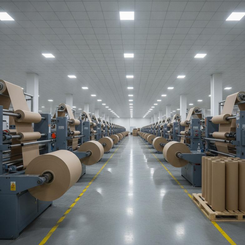 A factory floor with multiple paper tube winding machines in operation, showing a busy production schedule.