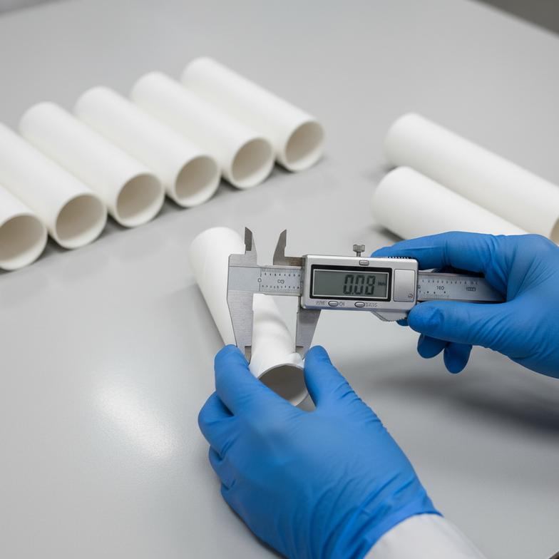a quality control inspector measuring a paper tube with calipers in a factory setting