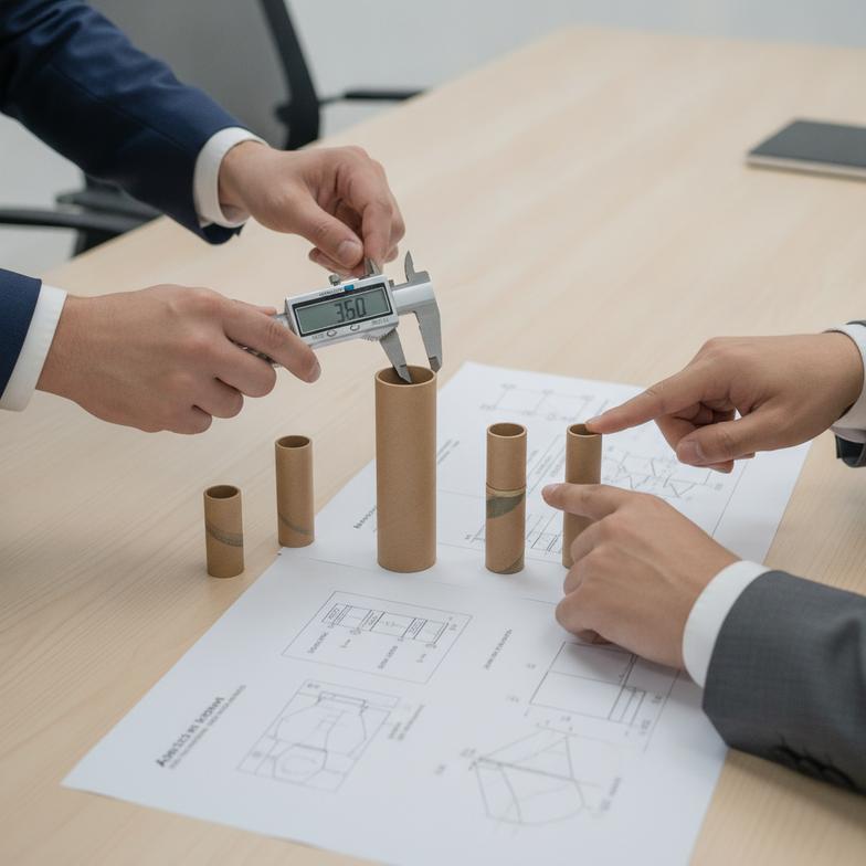 A buyer and a supplier representative discussing technical specifications over a paper tube sample.