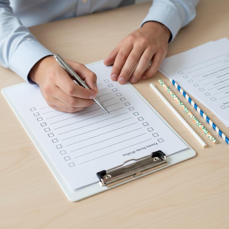 A procurement manager reviewing a buyer checklist for cocktail paper straws on a clipboard