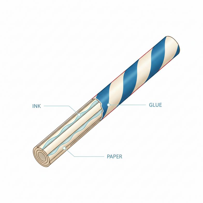 An illustration showing the layers of a paper straw: paper, glue, and ink.