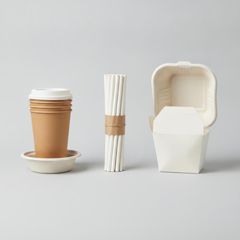A collection of compostable foodservice packaging items including paper straws, cups, and containers.