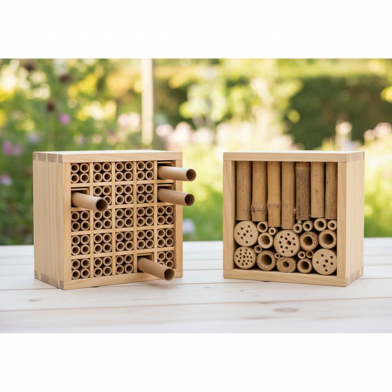 a bee hotel with removable paper tubes next to one with fixed bamboo holes