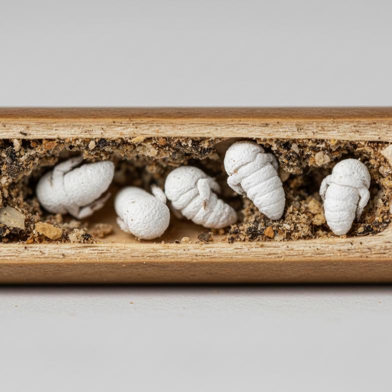 close-up of chalkbrood mummies inside a bee tube