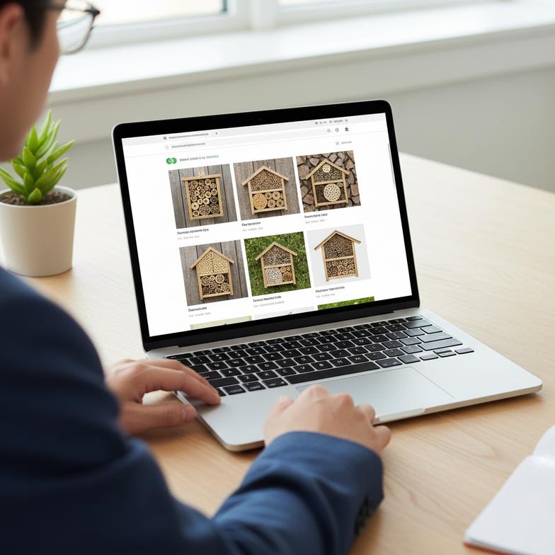 person on a laptop looking at different bee hotel options online