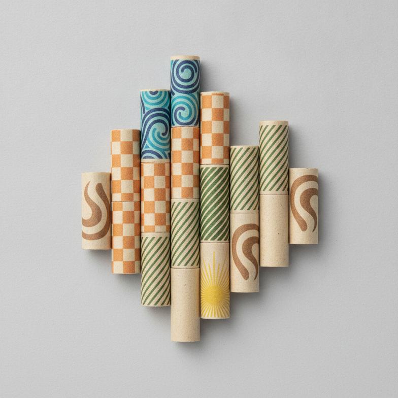 A collection of custom printed hemp filter tips showing various brand logos and designs