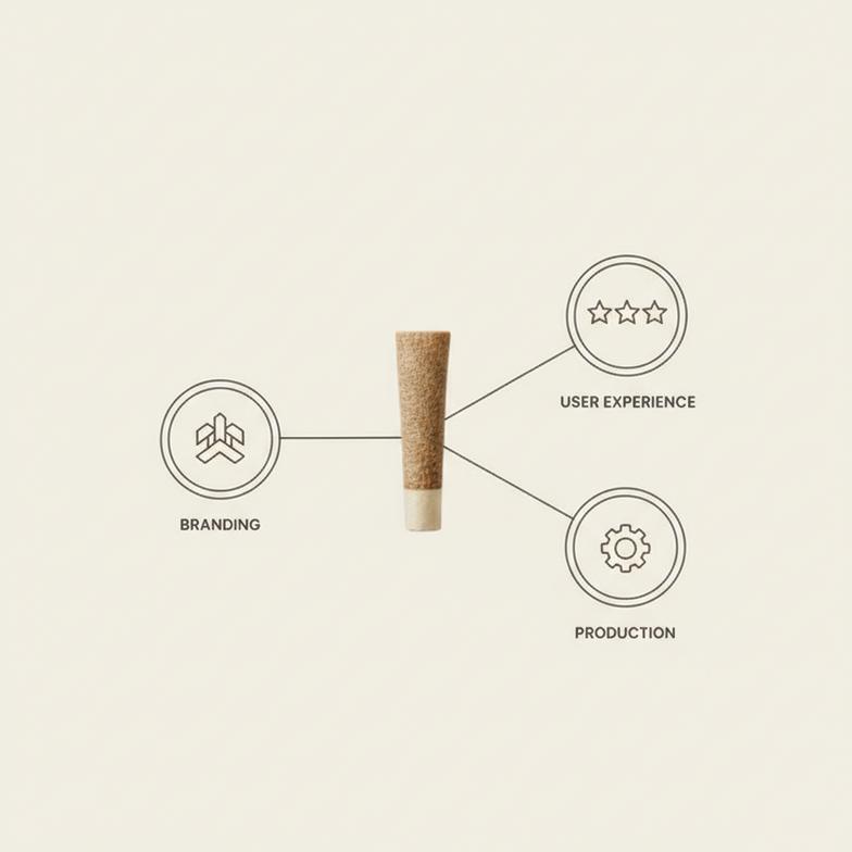 A diagram showing the trade-offs between branding, user experience, and production for custom printed hemp filter tips