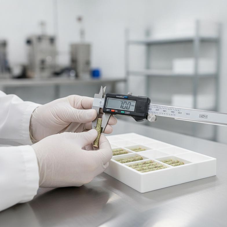 A quality control inspector measuring the diameter of custom printed hemp filter tips in a factory