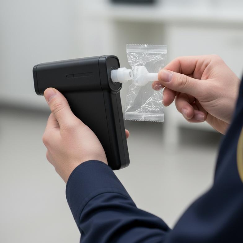 A police officer preparing a breathalyzer test with a new mouthpiece