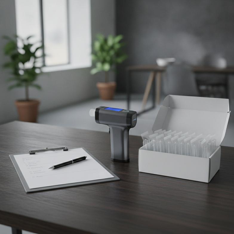 An HR manager with a handheld breathalyzer and a box of disposable mouthpieces