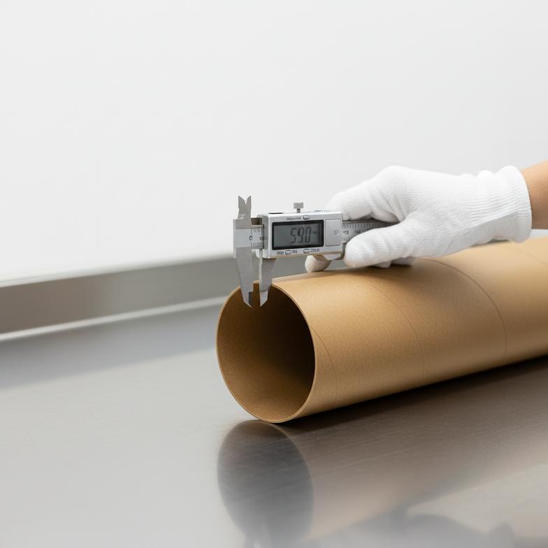 a technician inspecting the wall thickness of a paper tube