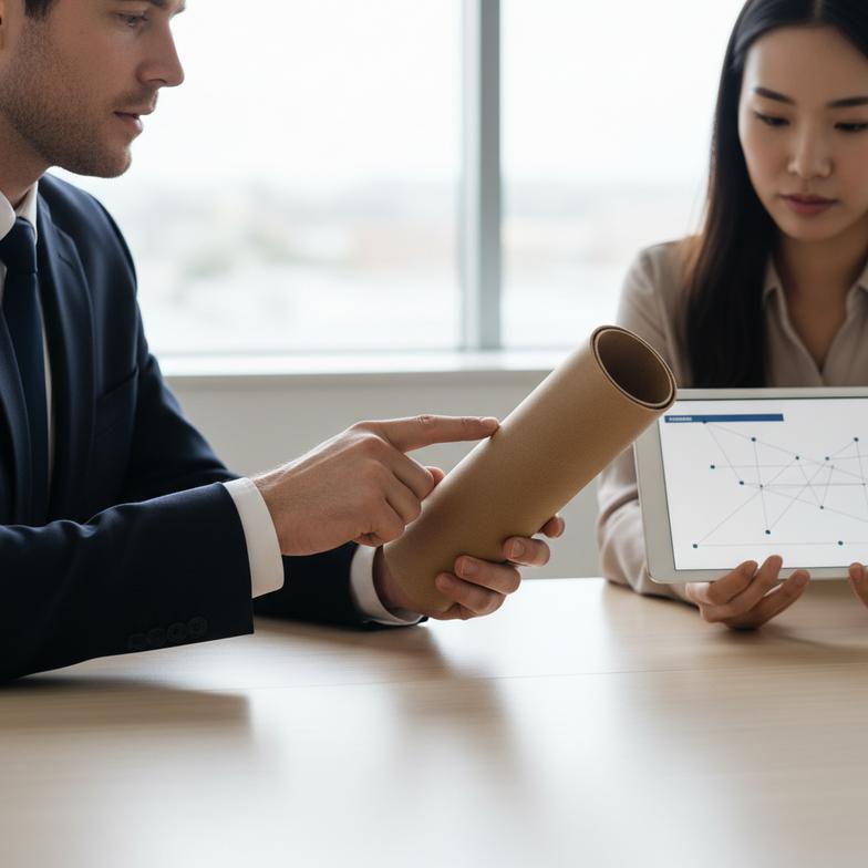 a B2B buyer and a supplier having a technical discussion over blueprints