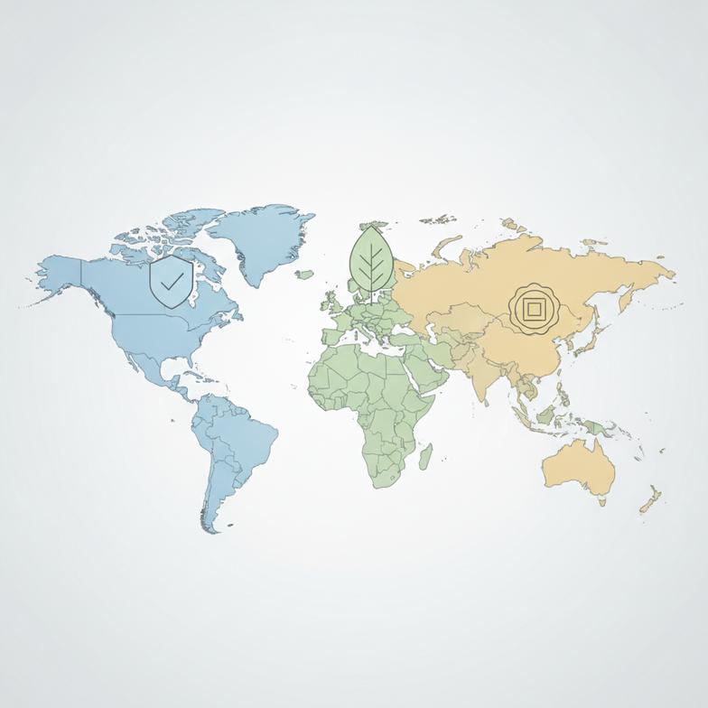 A world map with pins on the USA, Germany, and China, representing different regulatory zones.