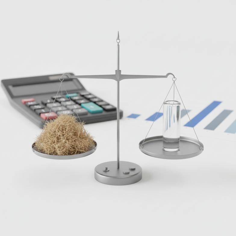 A calculator and spreadsheet next to a small pile of hemp filter tips and a single glass filter tip, illustrating the cost analysis.