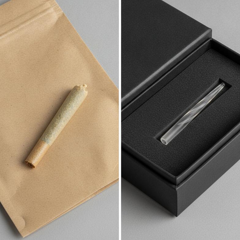 A premium, dark-colored branded box holding a custom glass filter tip next to a natural, kraft-paper pre-roll pack with visible hemp filter tips.