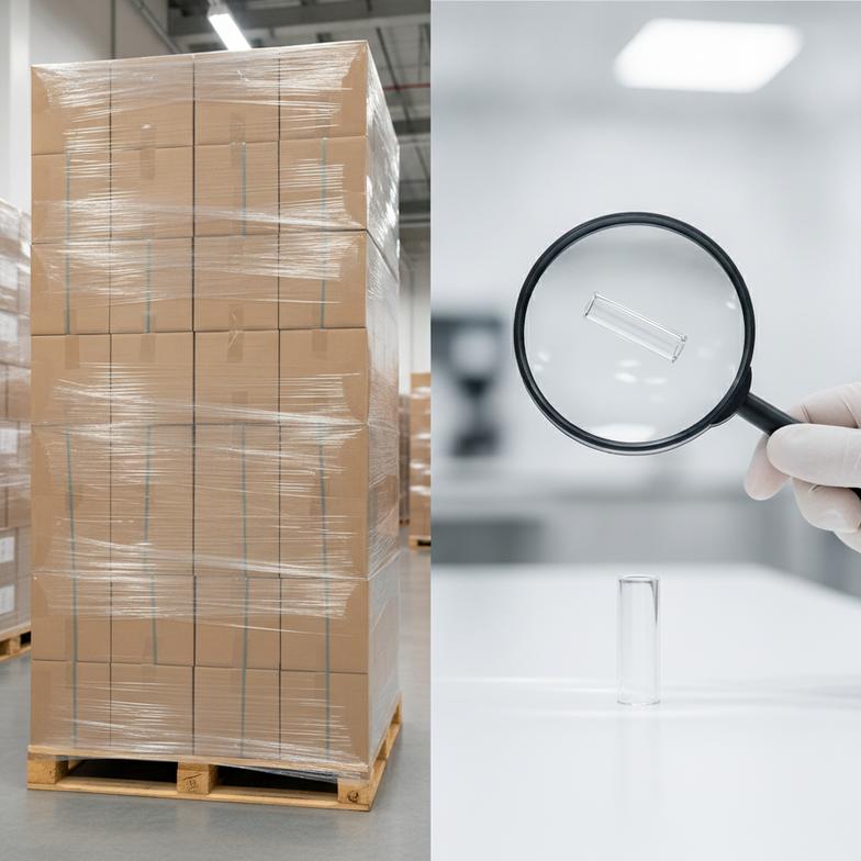 A warehouse aisle with massive pallets of boxed bulk hemp filter tips contrasted with a lab-coated quality control inspector examining a single glass filter tip