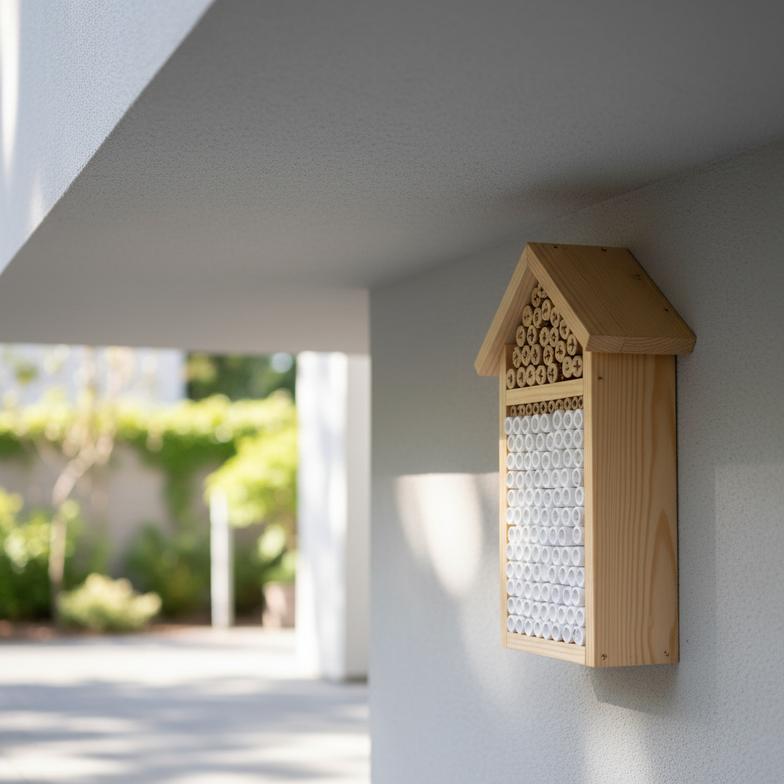 A mason bee house tucked under the eave of a roof for protection