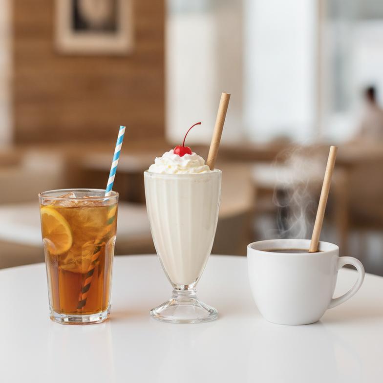 Three different drinks—iced tea, a milkshake, and a hot coffee—each with a paper straw to show different strength requirements