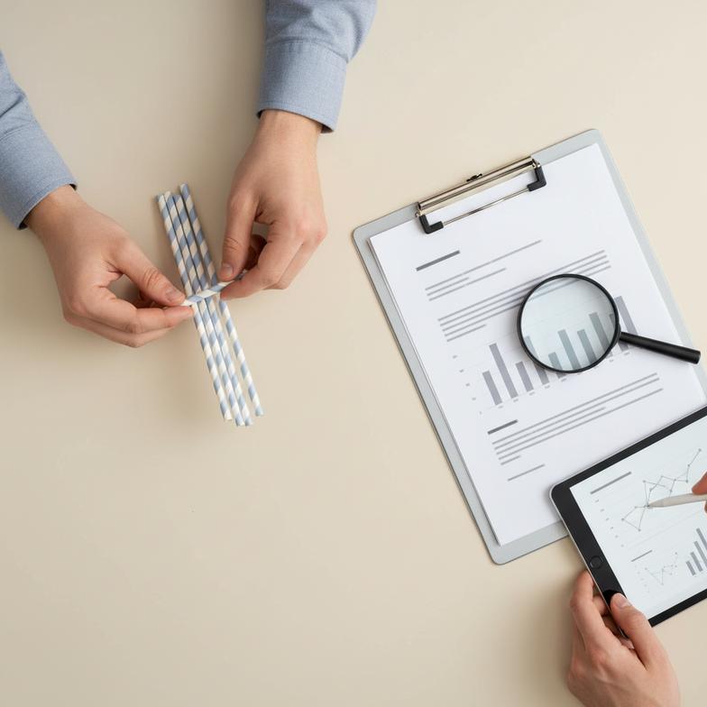 A person inspecting a paper straw sample next to a certificate document, emphasizing the need to verify paper straw strength