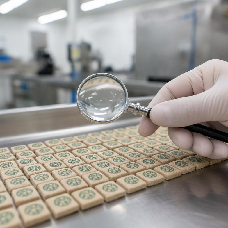 A quality control inspector examining the printing quality on custom hemp filter tips on a production line