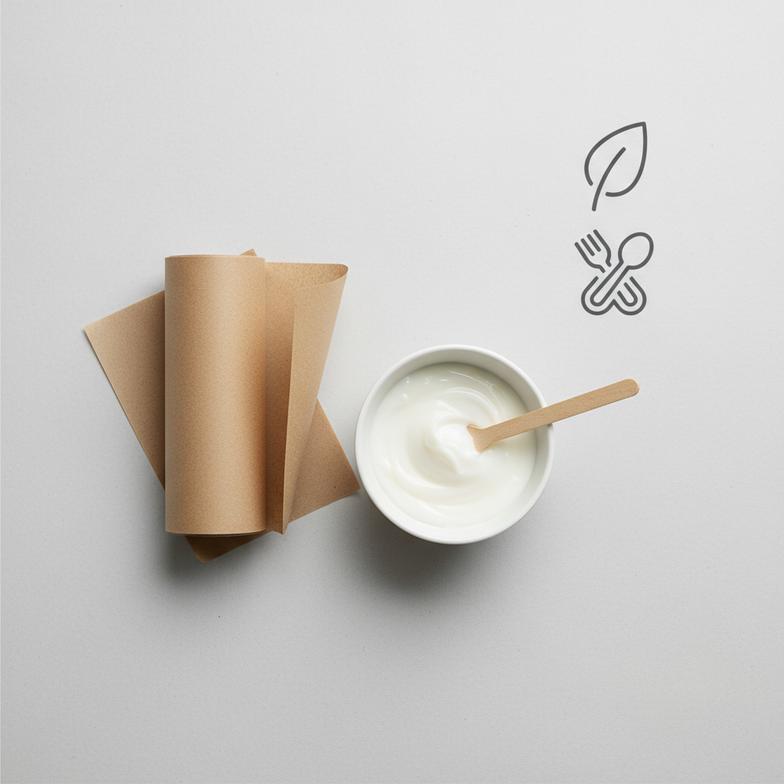 FSC and food-grade safety certification logos next to raw kraft paper for paper mouthpieces