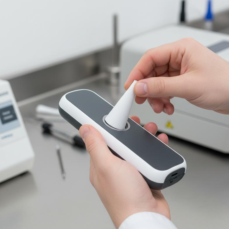 A person fitting a sample paper mouthpiece onto an alcohol breath tester for testing
