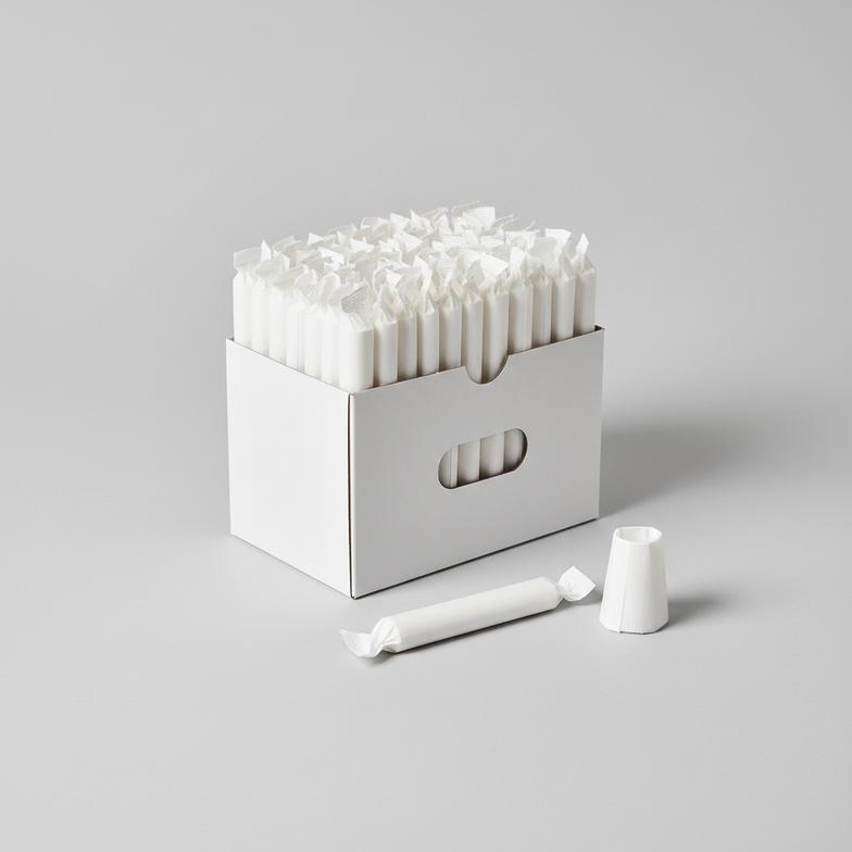 Individually wrapped paper mouthpieces for alcohol breath testers in a dispenser box