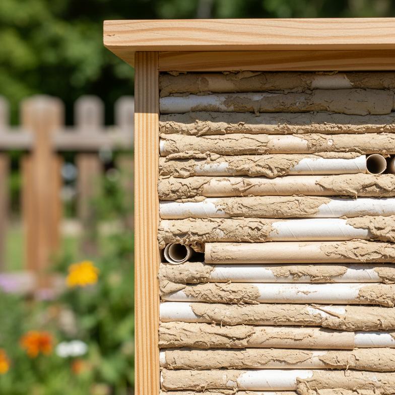 A close-up of a mason bee house with capped paper tubes